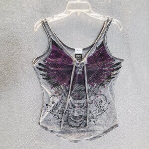 Lethal Angel Women Top 1X Gray Burnout Tank Rhinestones‎ Lace Up Angel Wings
